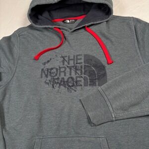 The North Face Hoodie Mens Large Gray Red Drawstring Logo‎ Pullover Sweatshirt